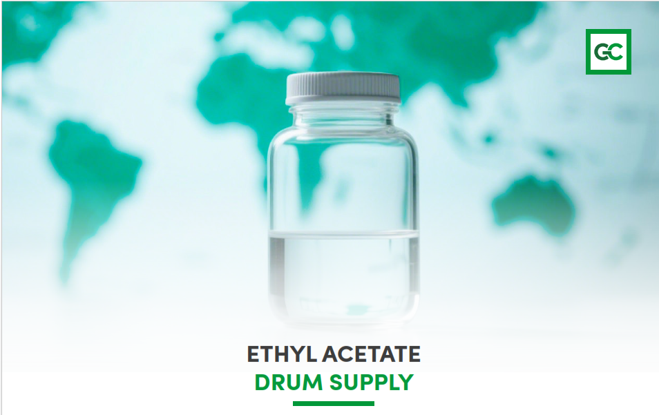 Ethyl Acetate Drum Supply: vial with product, GreenChem logo, and headline over a soft global map.